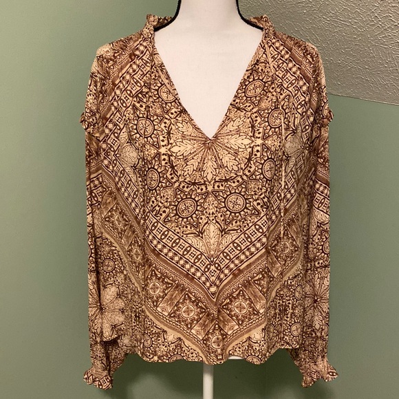 Free People Printed Ruffle Tie V-Neck Blouse - Picture 1 of 14